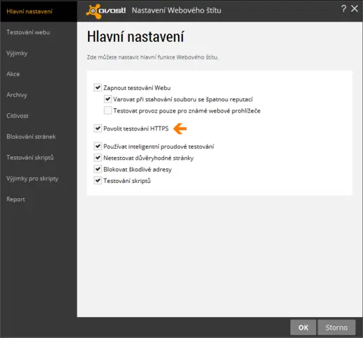 vypnutí webového štítu Avastu