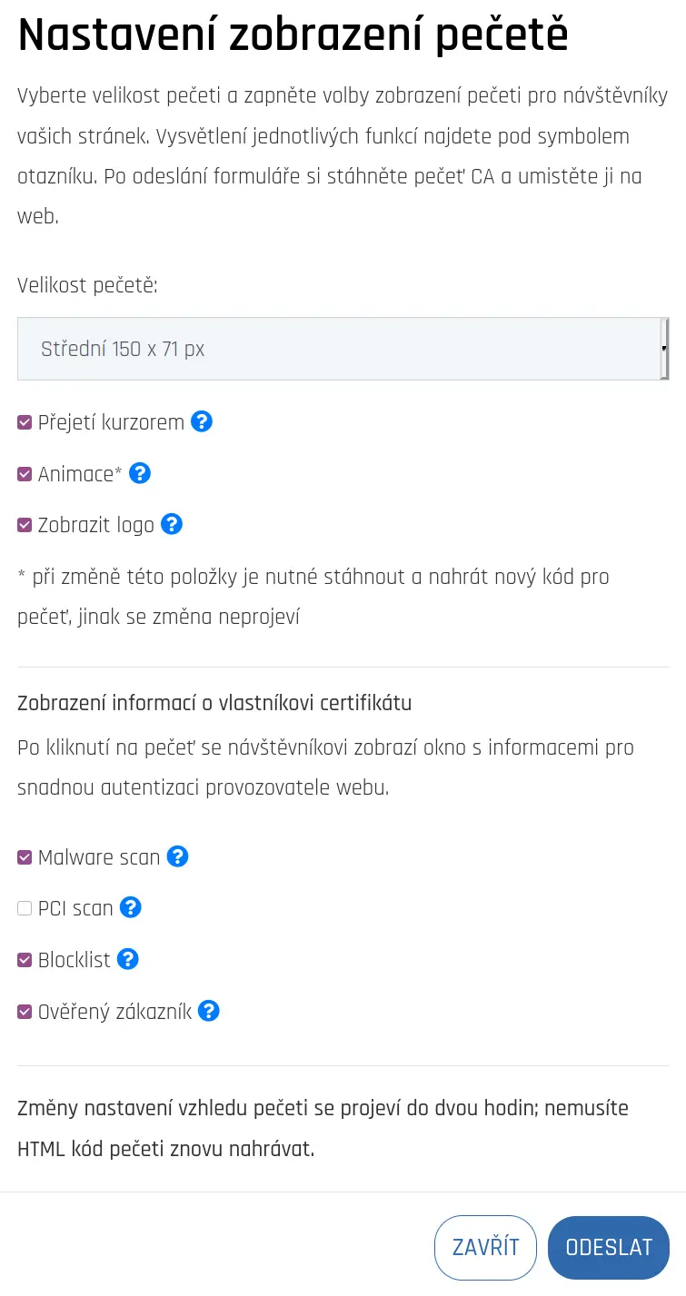 Nastaveníe pečate Smart Seal, ktorú získáte k certifikátom Secure Site