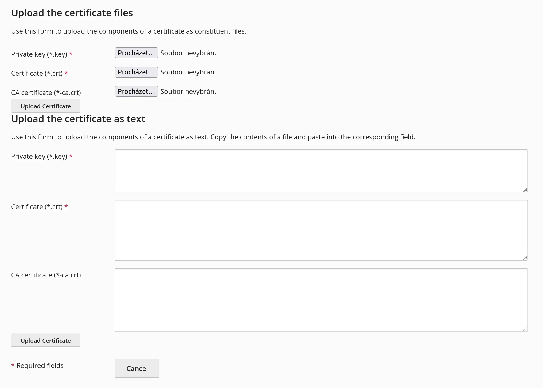 Upload certifikátu a privátneho kľúča na server