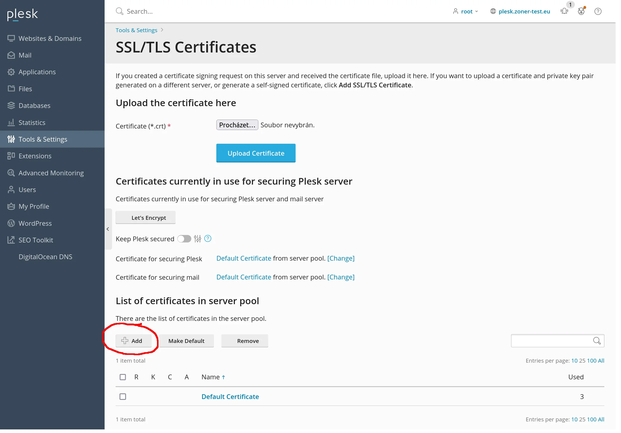Správa TLS certifikátov v Plesku