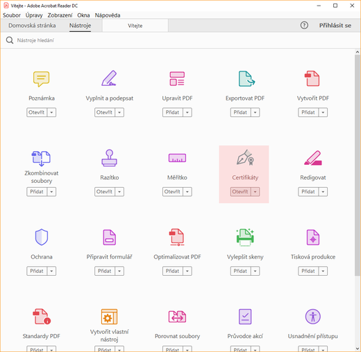 Podepisování v Adobe Reader - výběr certifikátů