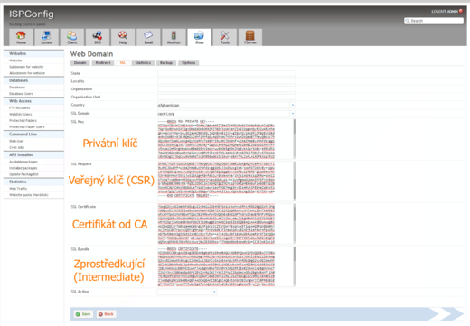 Vložení SSL certifikátu a klíčů do ISPConfig