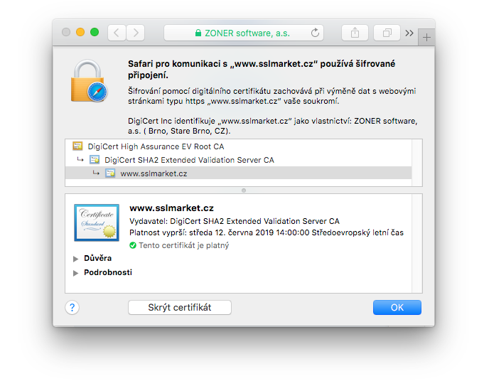 Zobrazenie certifikátu DigiCert Extended Validation SSL v adresnom riadku prehliadača Zobrazenie certifikátu DigiCert Extended Validation SSL v adresnom riadku prehliadača