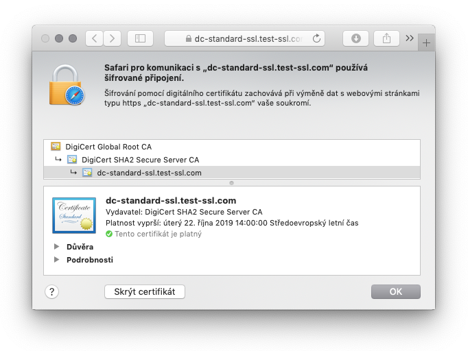 Zobrazenie certifikátu DigiCert Standard SSL v adresnom riadku prehliadača