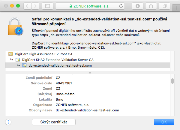Zobrazenie certifikátu DigiCert Extended Validation SSL v adresnom riadku prehliadača