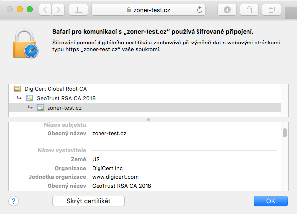 Zobrazenie certifikátu GeoTrust QuickSSL Premium Wildcard v adresnom riadku prehliadača