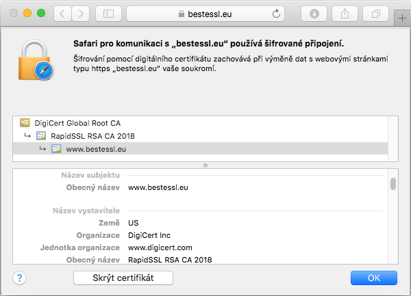 Zobrazenie certifikátu RapidSSL v adresnom riadku prehliadača