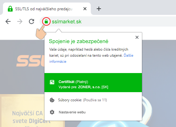 Zobrazenie EV certifikátu v prehliadači