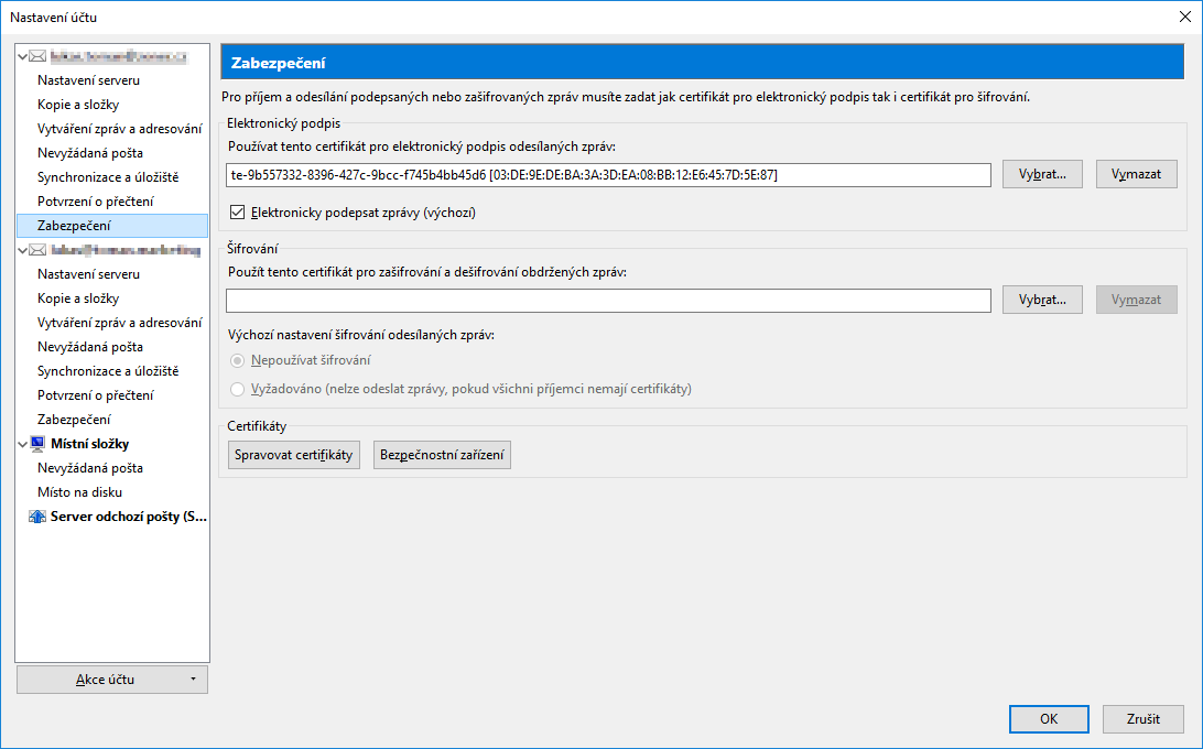 Nastavenie certifikátu v Thunderbirde