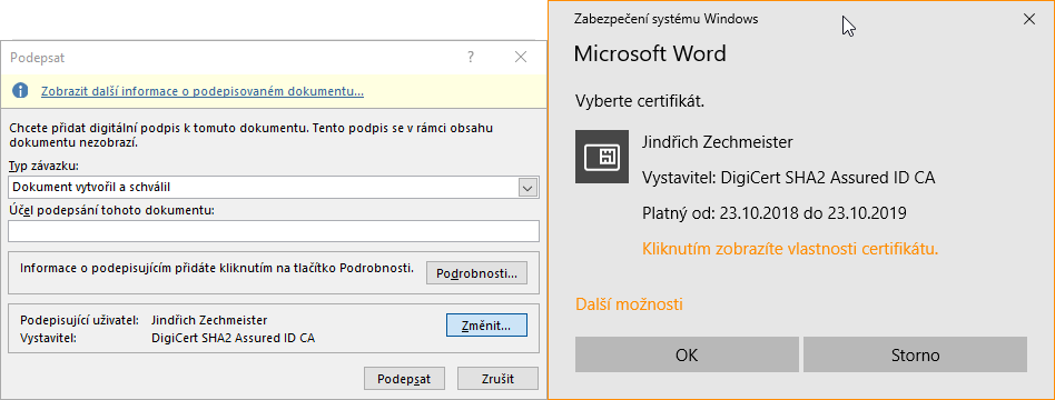 Výber podpisového certifikátu v MS Word