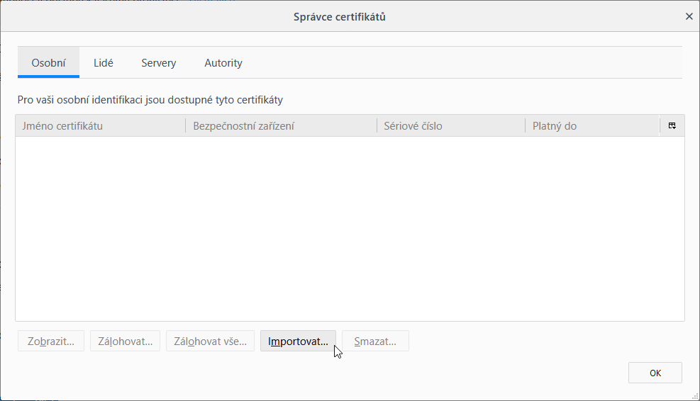import certifikátu do Firefoxu