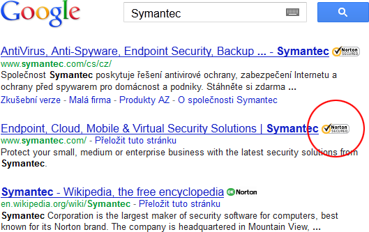 Výsledky vyhľadávania Google a Symantec Seal-in-Search