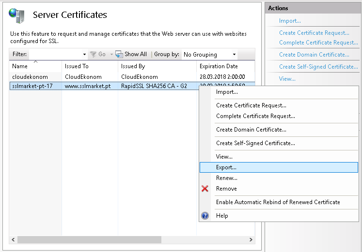 Export SSL certifikátu z IIS