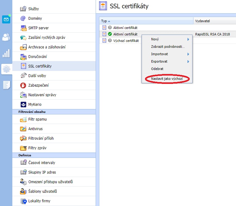 Kerio Connect - nastavenie východzieho certifikátu