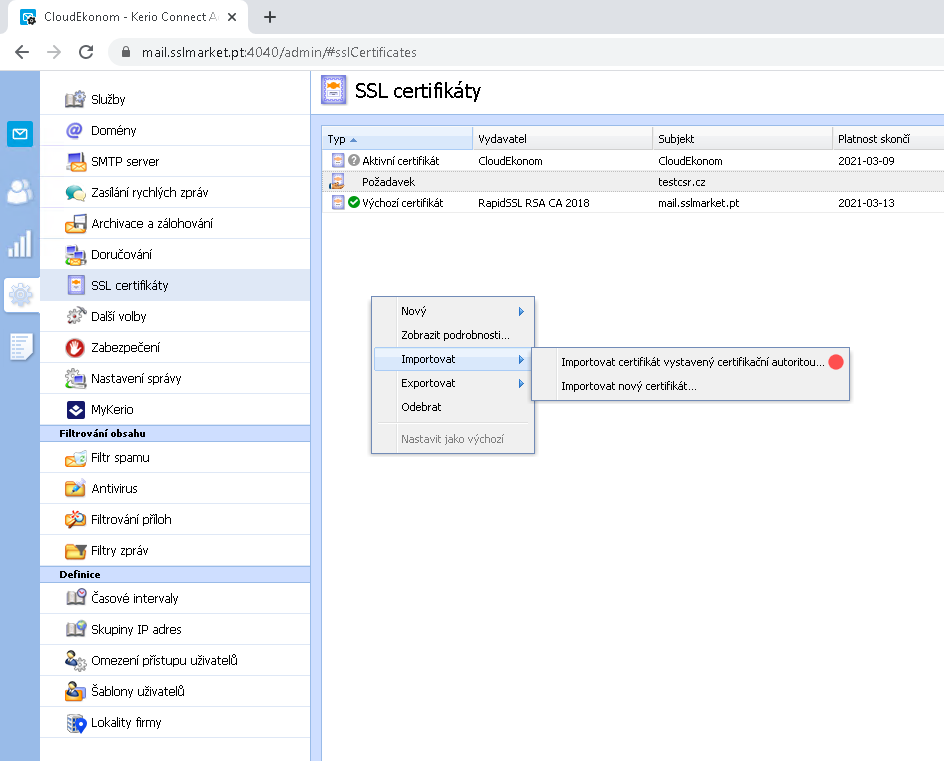 Kerio Connect - Import certifikátu vydaného CA