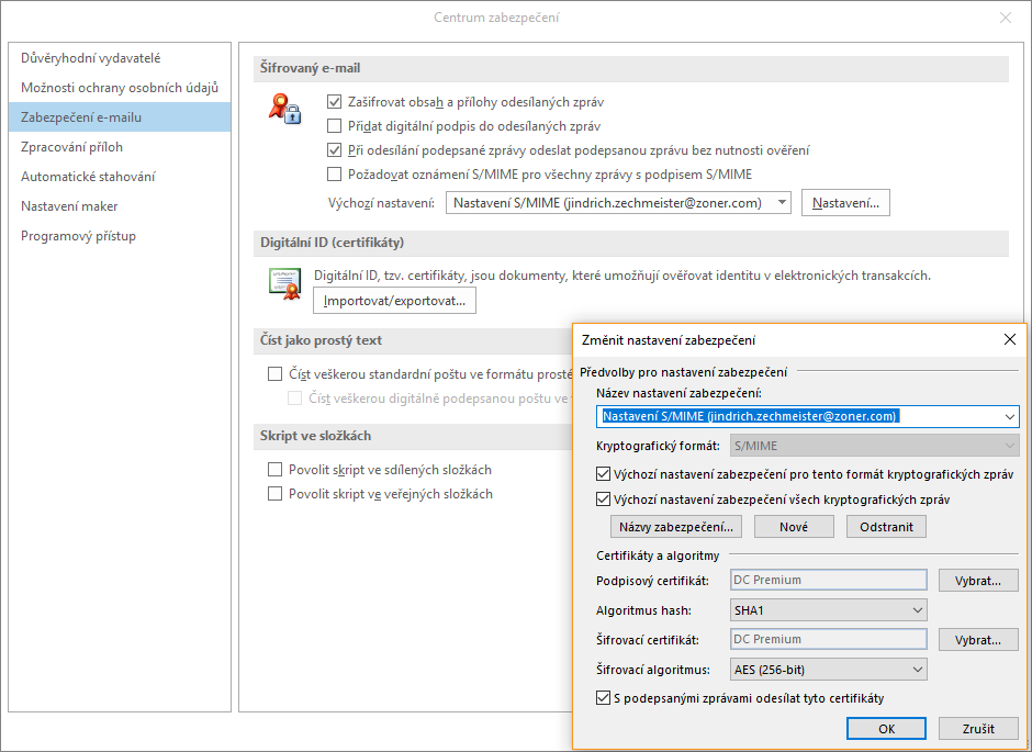 Nastavenie certifikátu v Outlooku