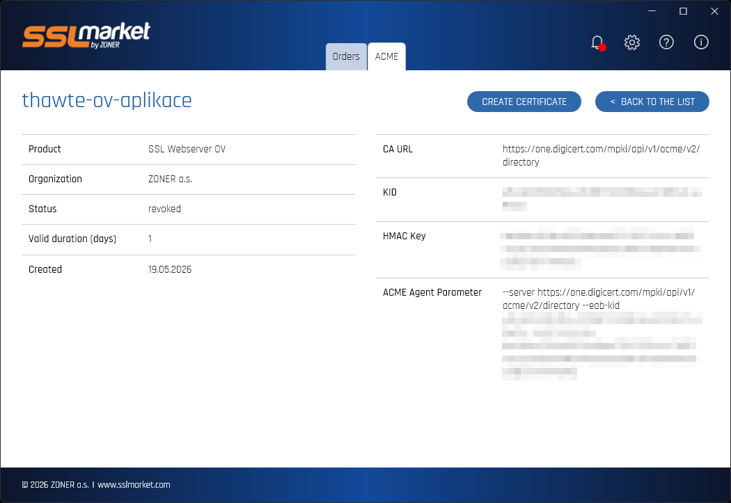 Vytvorenie a retencia ACME credentials
