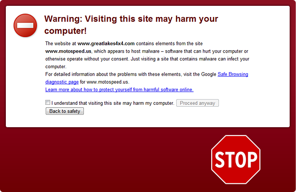 Upozornenie prehliadača - Google Malware warning