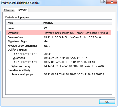 Detail certifikátu DigiCert Code Signing