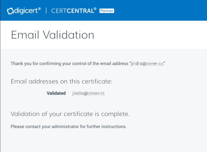 Správa o úspešnom potvrdenie e-mailu a vydanie certifikátu